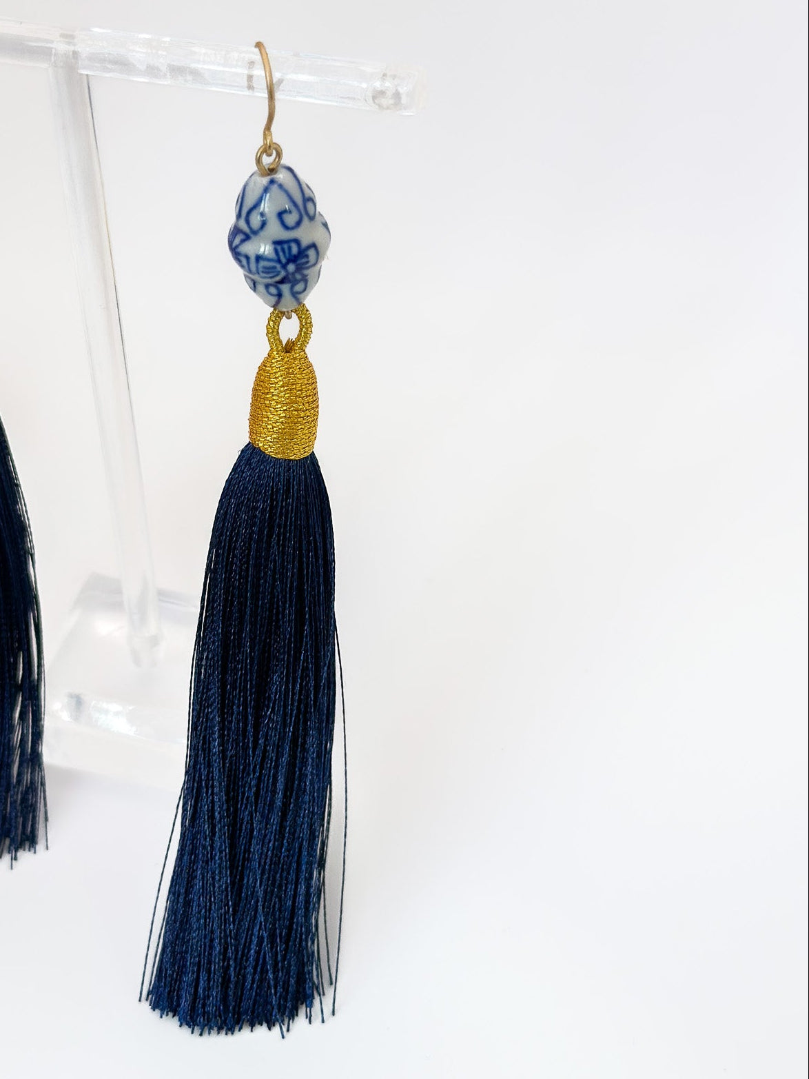 Blue Hand Painted Ceramic Bead & Navy Silky Tassel Earrings