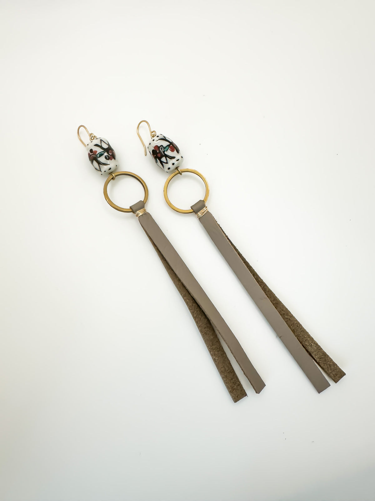 Vintage Inspired Leather Tassel Earring in Taupe