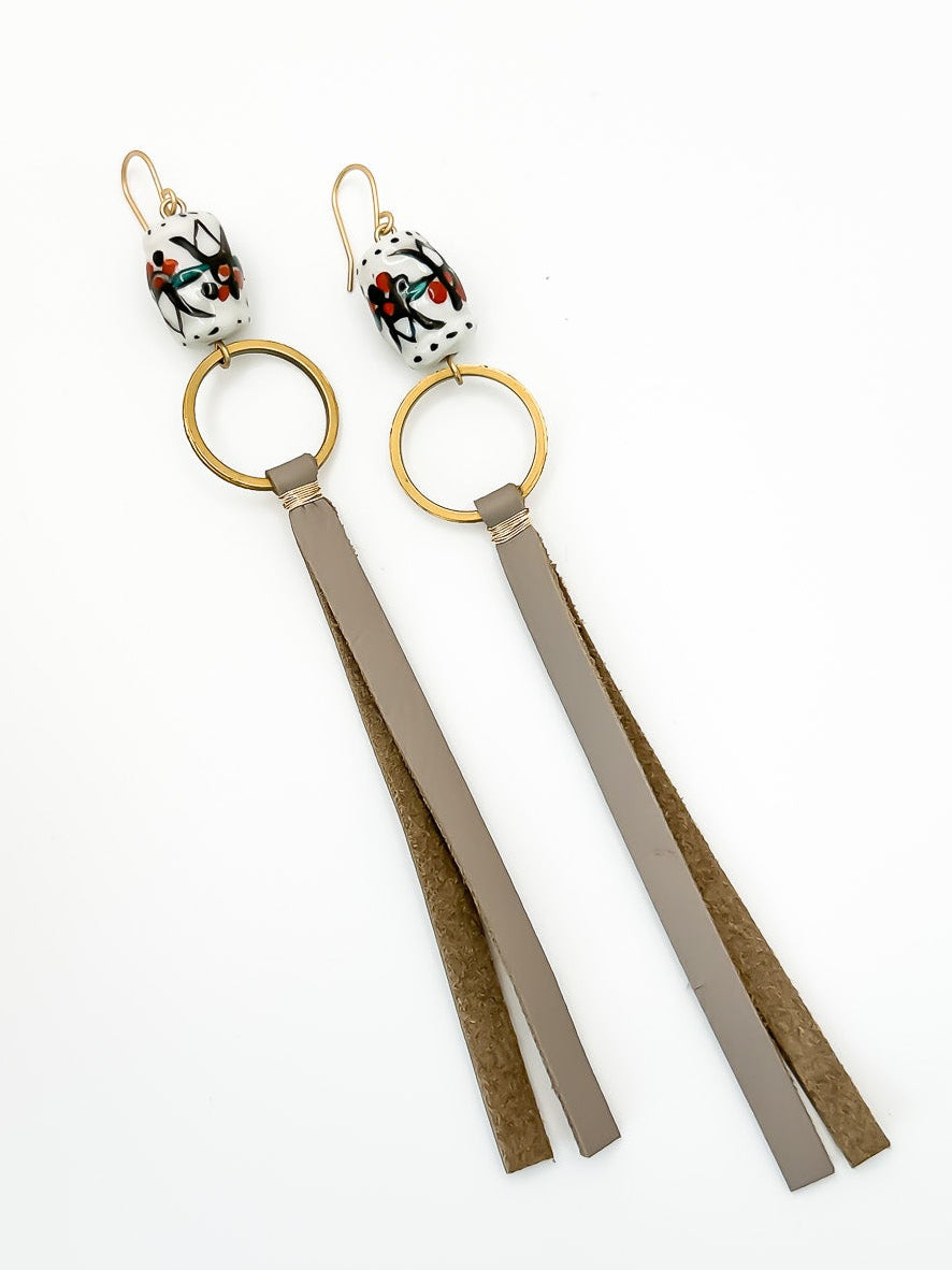 Vintage Inspired Leather Tassel Earring in Taupe