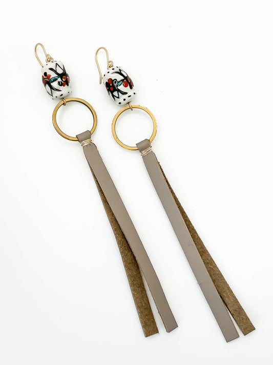 Vintage Inspired Leather Tassel Earring in Taupe