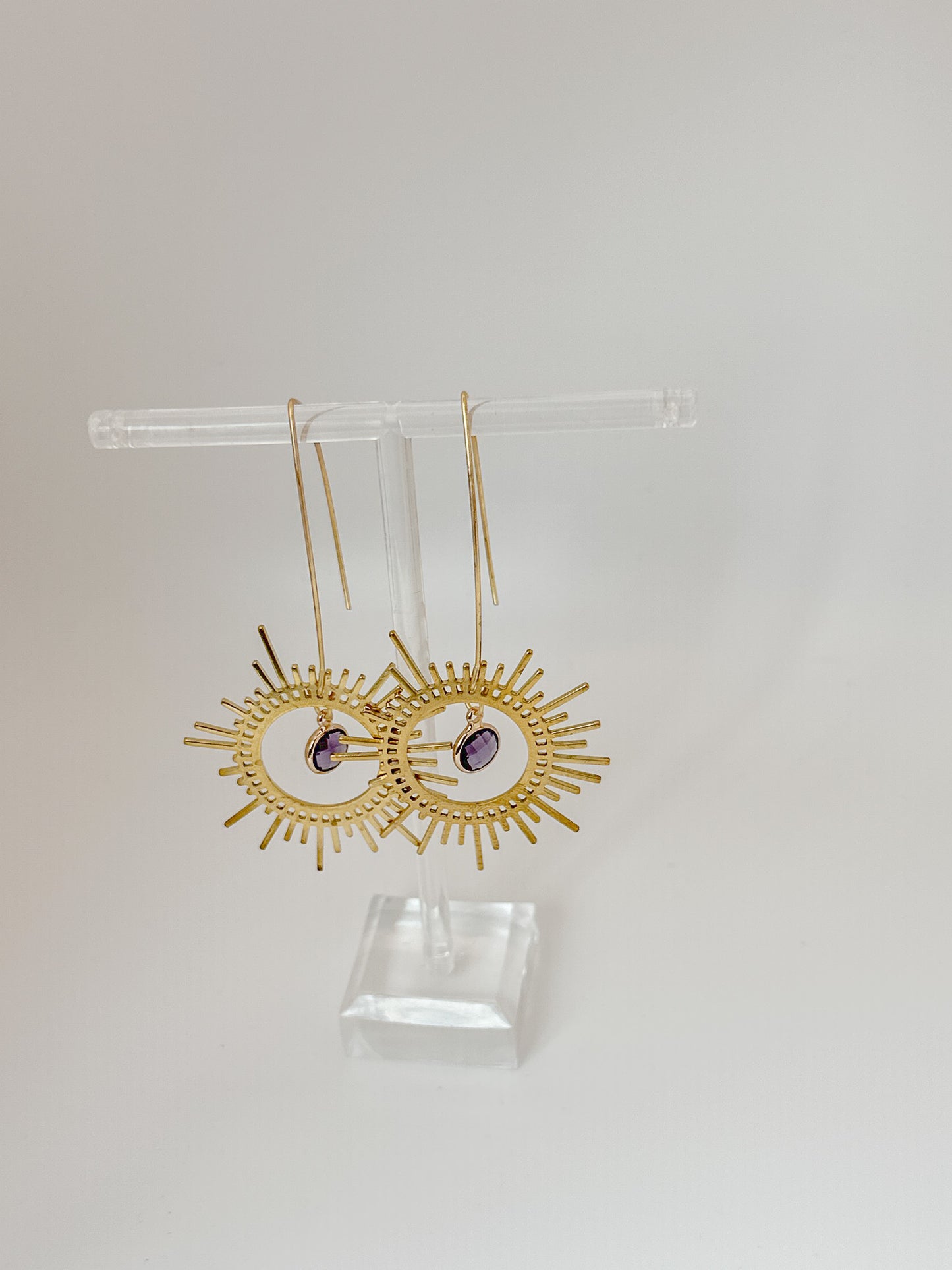 Brass Sunburst Earrings in Amethyst