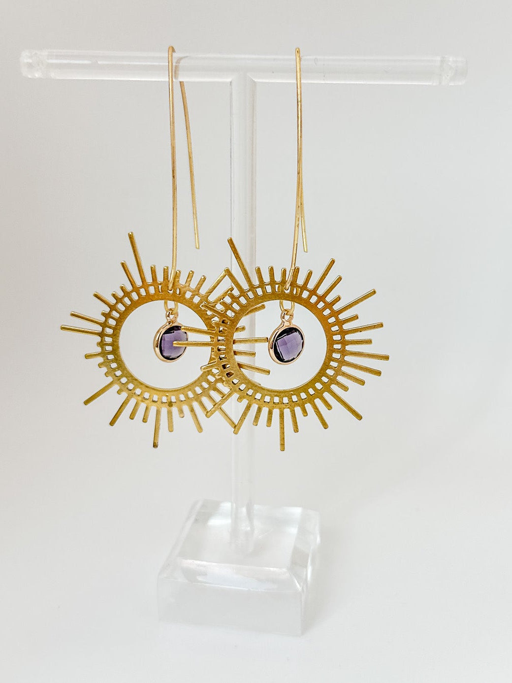 Brass Sunburst Earrings in Amethyst
