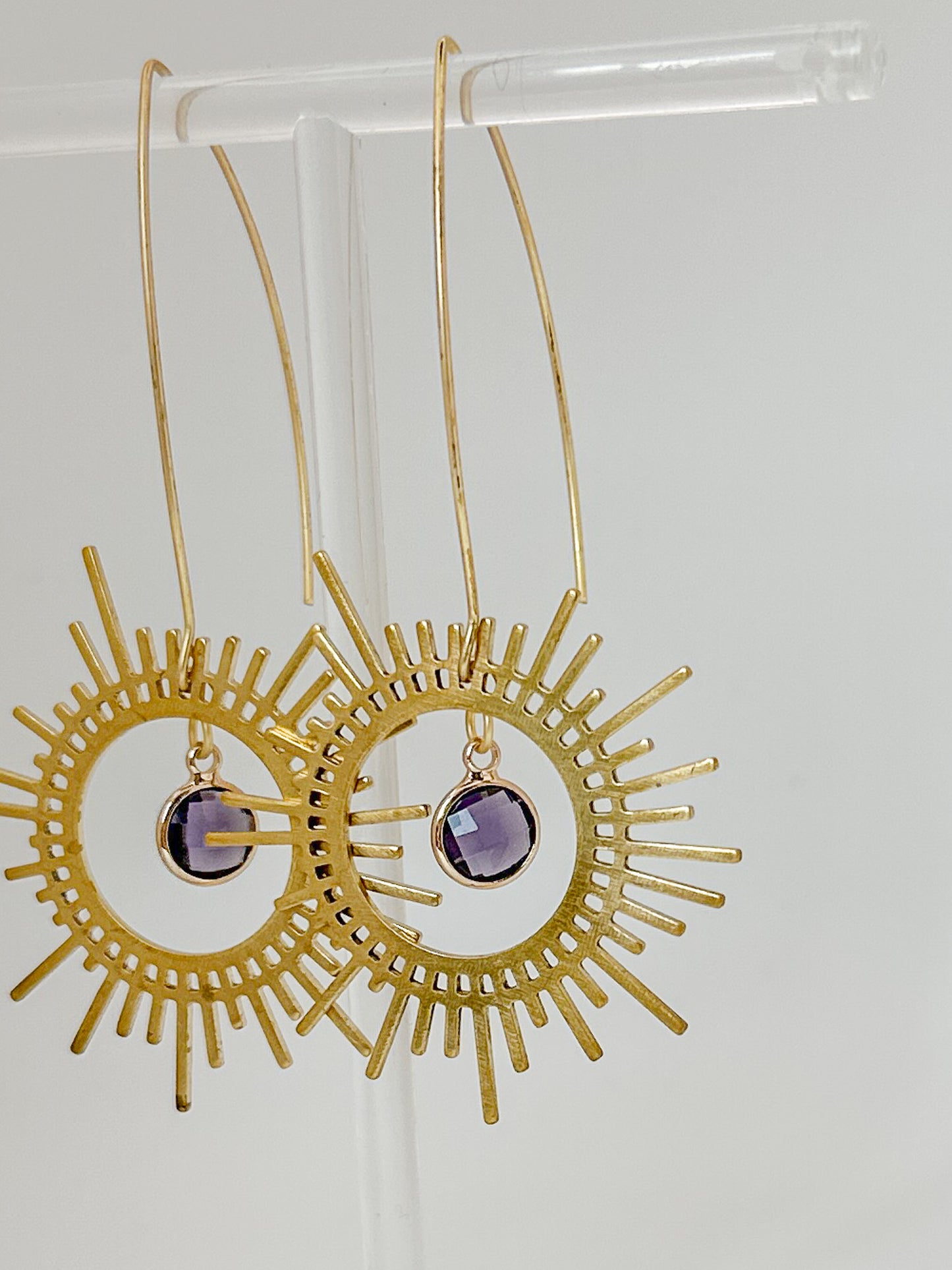 Brass Sunburst Earrings in Amethyst