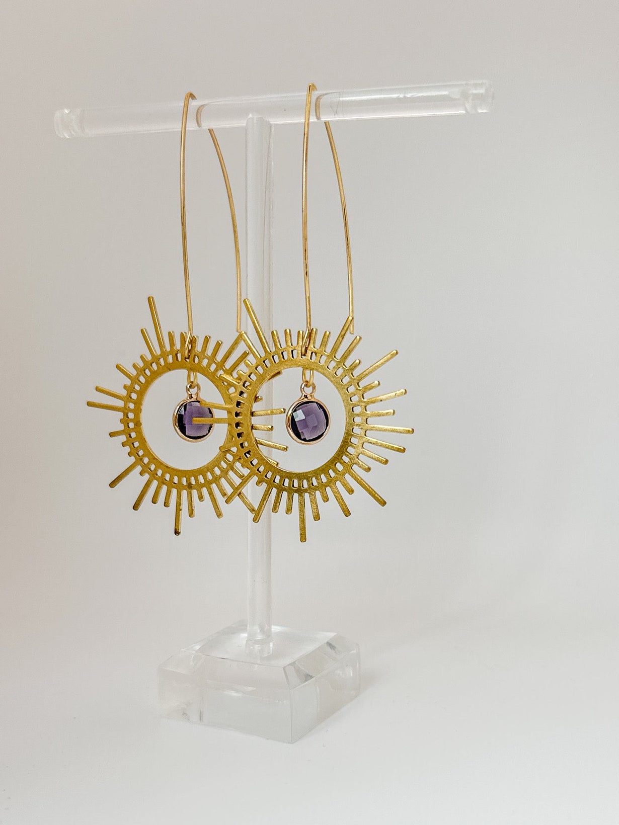 Brass Sunburst Earrings in Amethyst