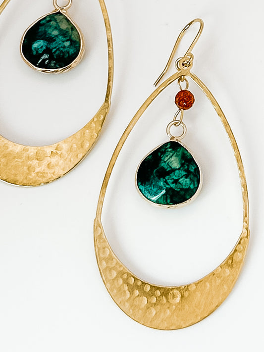 Ocean Agate and Sandstone Hammered Brass Hoops