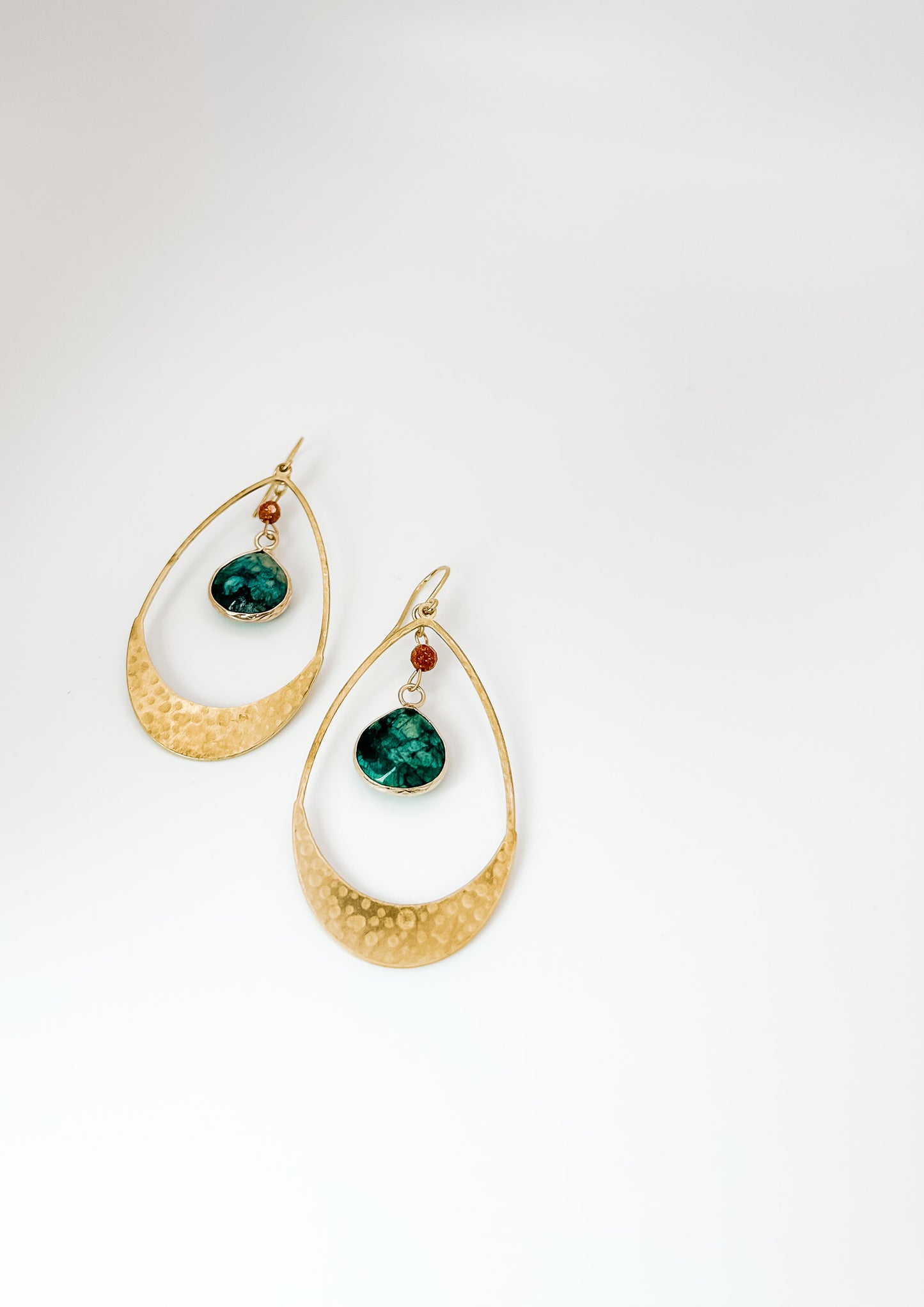 Ocean Agate and Sandstone Hammered Brass Hoops