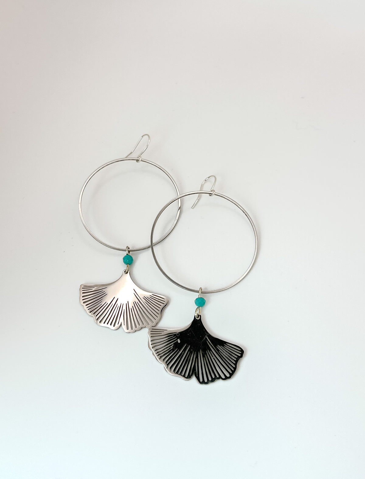 Turquoise & Ginkgo Petal Hoops in Silver