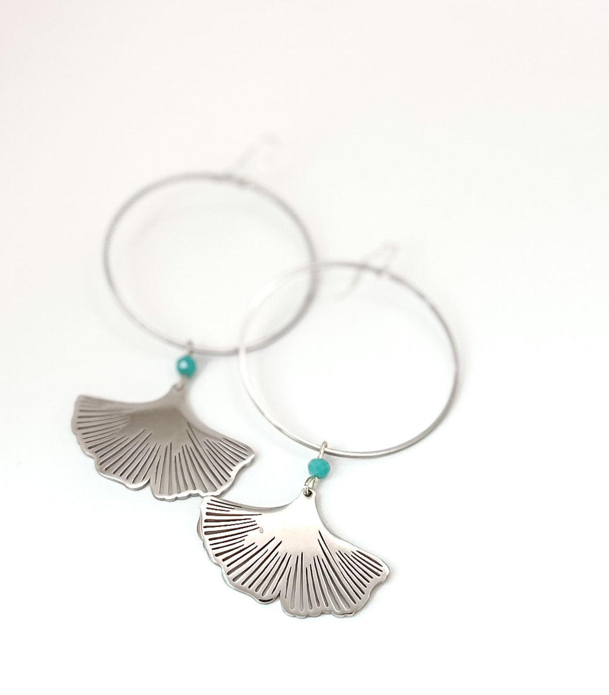 Turquoise & Ginkgo Petal Hoops in Silver
