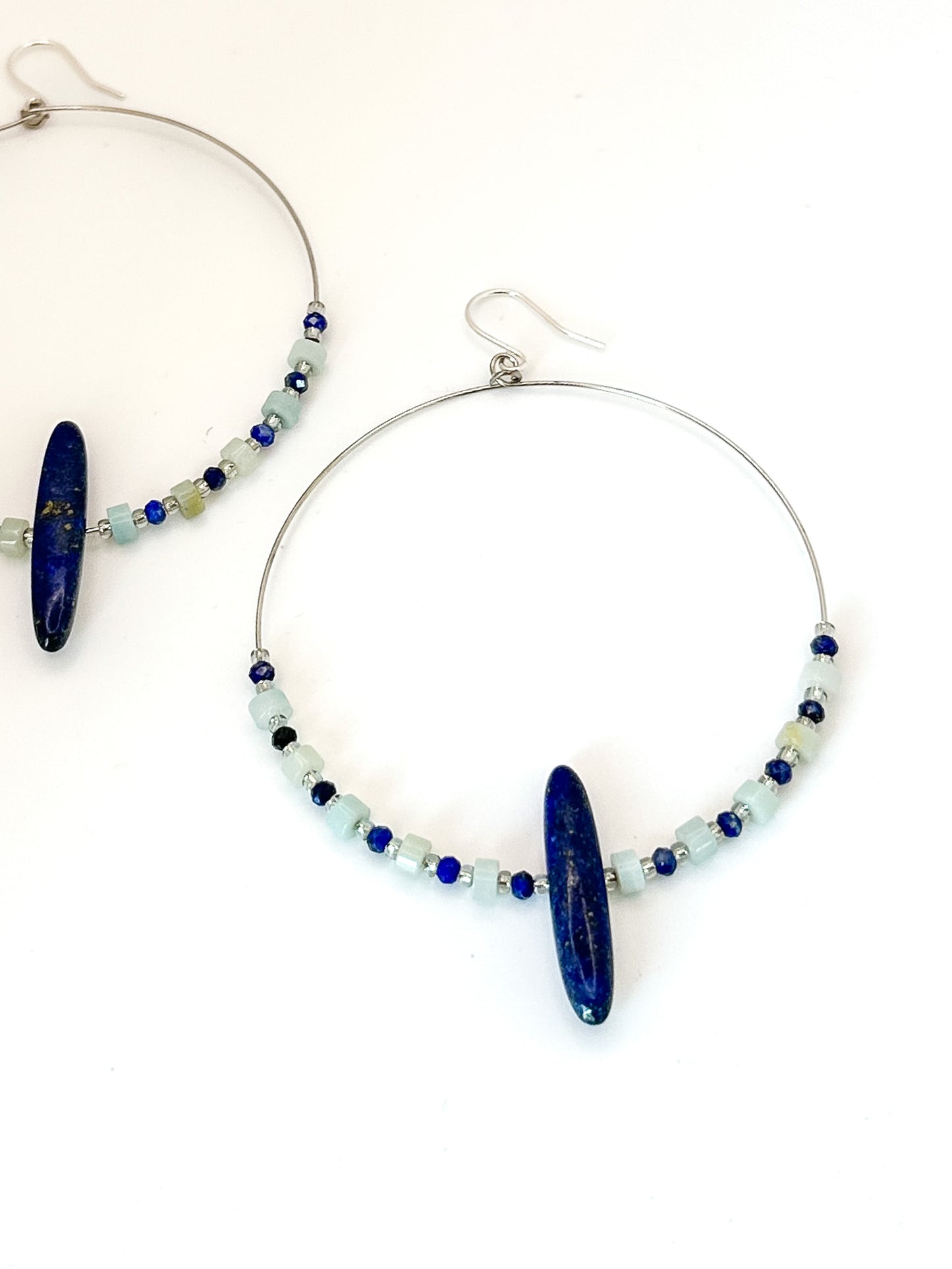 Statement Silver Hoops with Elongated Lapis and Dainty Apitite and Amazonite Beads