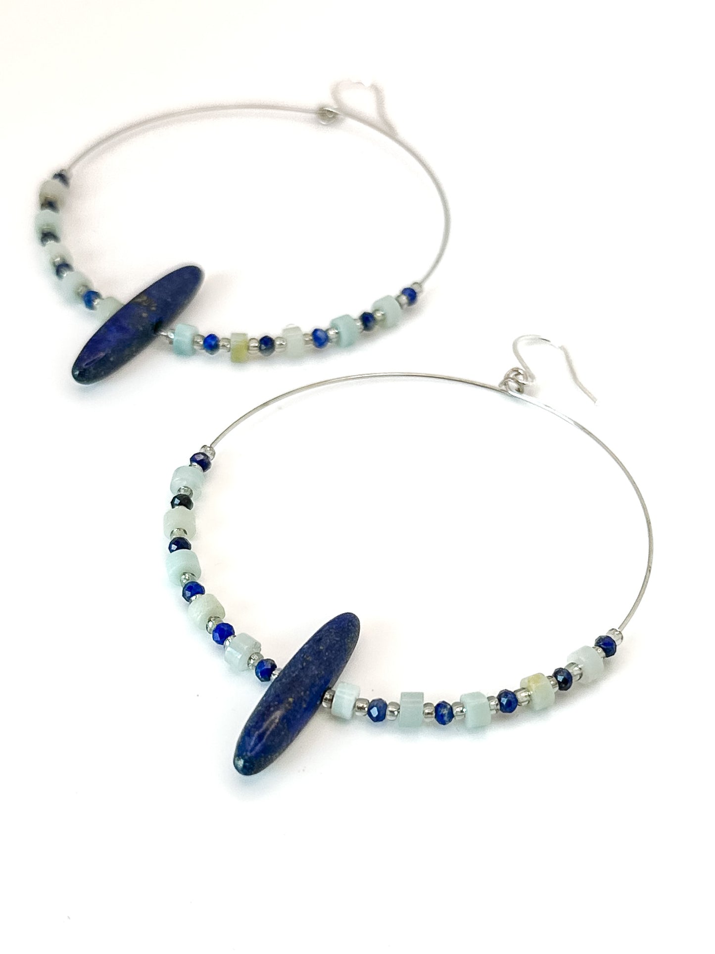 Statement Silver Hoops with Elongated Lapis and Dainty Apitite and Amazonite Beads