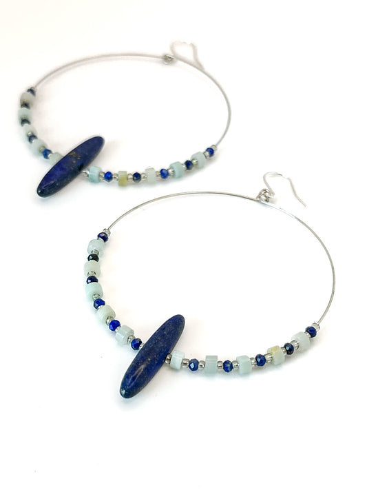 Statement Silver Hoops with Elongated Lapis and Dainty Apitite and Amazonite Beads