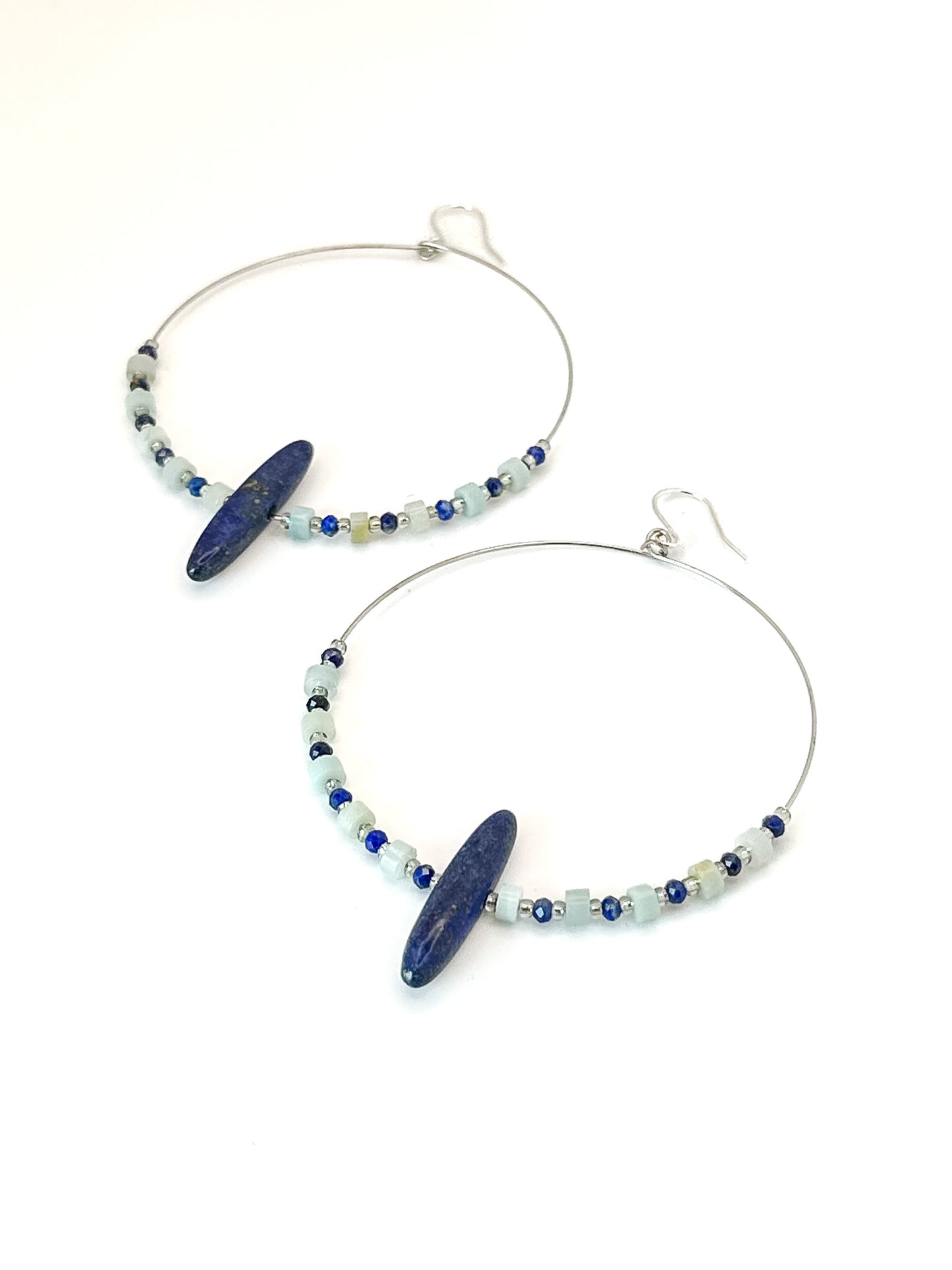 Statement Silver Hoops with Elongated Lapis and Dainty Apitite and Amazonite Beads