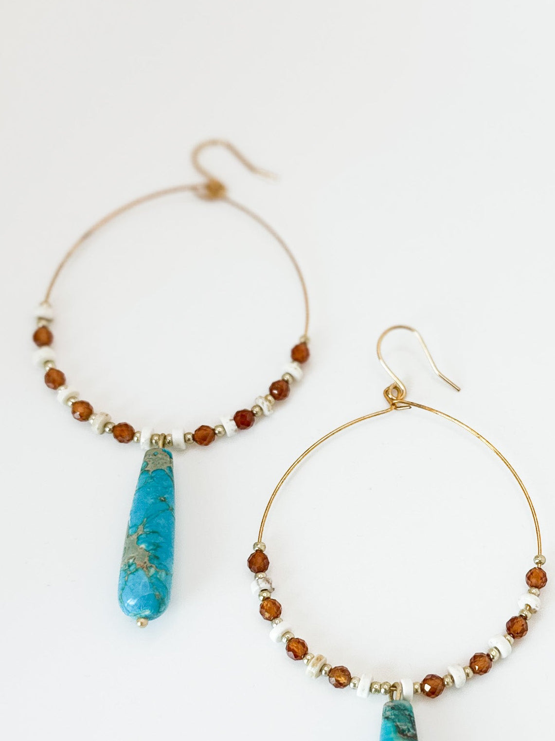 Statement Hoops with Turquoise Teardrop, Orange Garnet and White Turquoise Beads