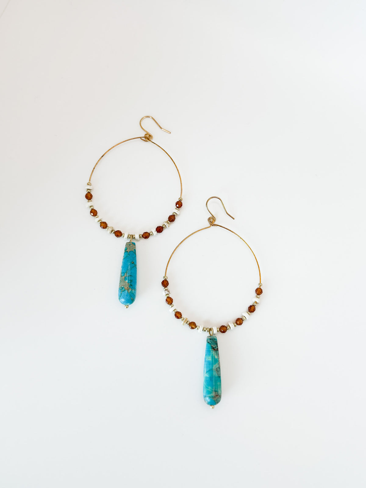 Statement Hoops with Turquoise Teardrop, Orange Garnet and White Turquoise Beads