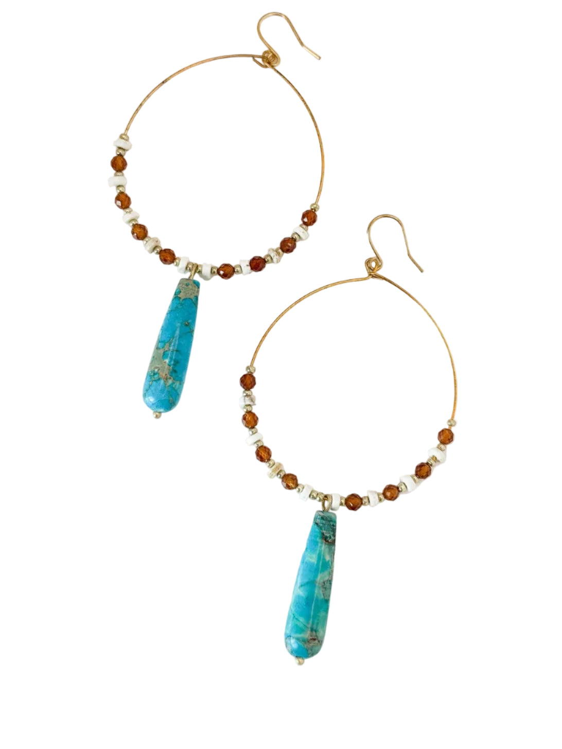 Statement Hoops with Turquoise Teardrop, Orange Garnet and White Turquoise Beads