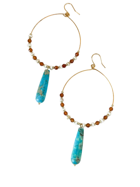 Statement Hoops with Turquoise Teardrop, Orange Garnet and White Turquoise Beads