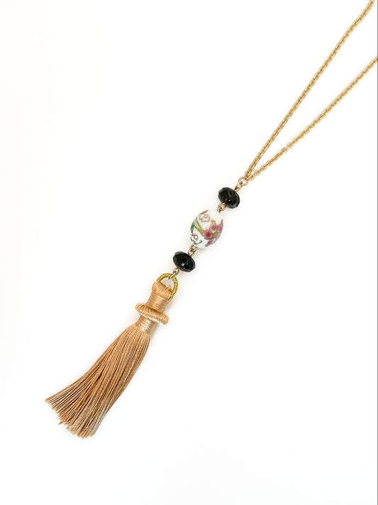 Long Silky Tassel and Painted Ceramic Bead Necklace