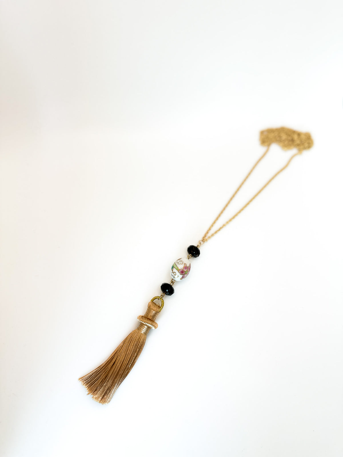 Long Silky Tassel and Painted Ceramic Bead Necklace