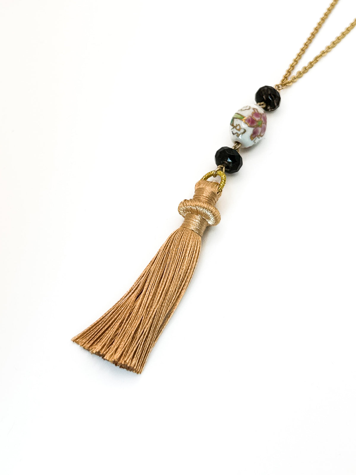 Long Silky Tassel and Painted Ceramic Bead Necklace