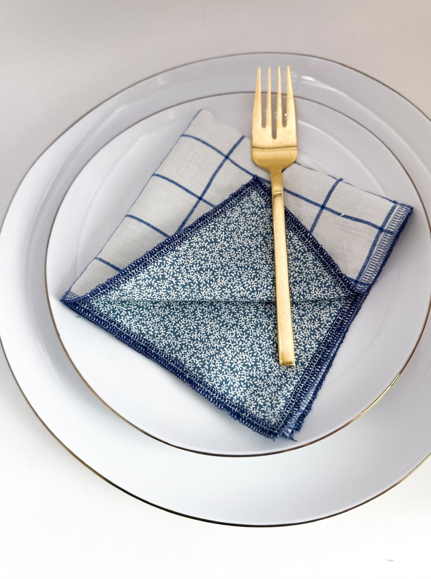 Blue and White Check and Dainty Vines Reversible Napkins