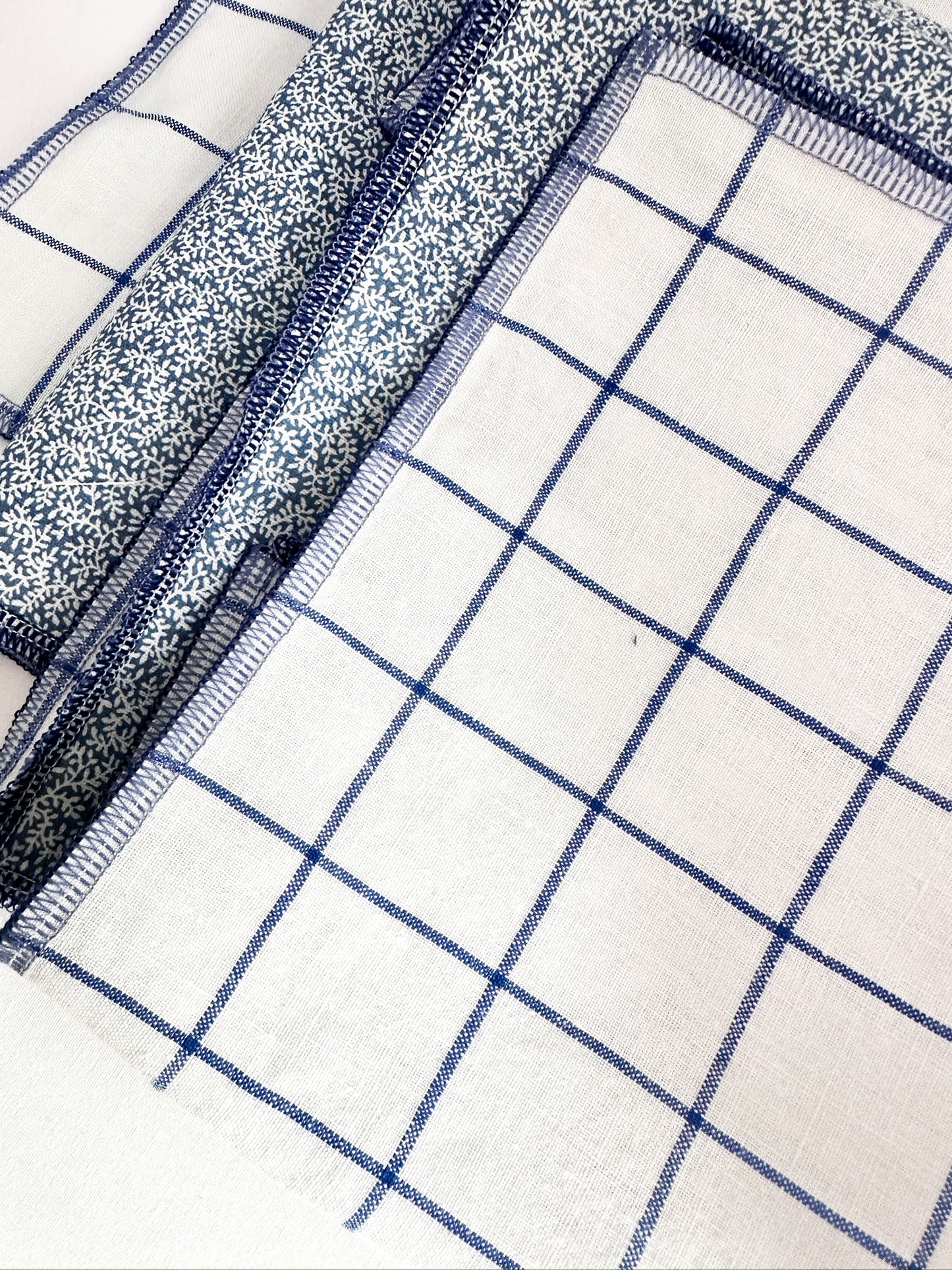 Blue and White Check and Dainty Vines Reversible Napkins