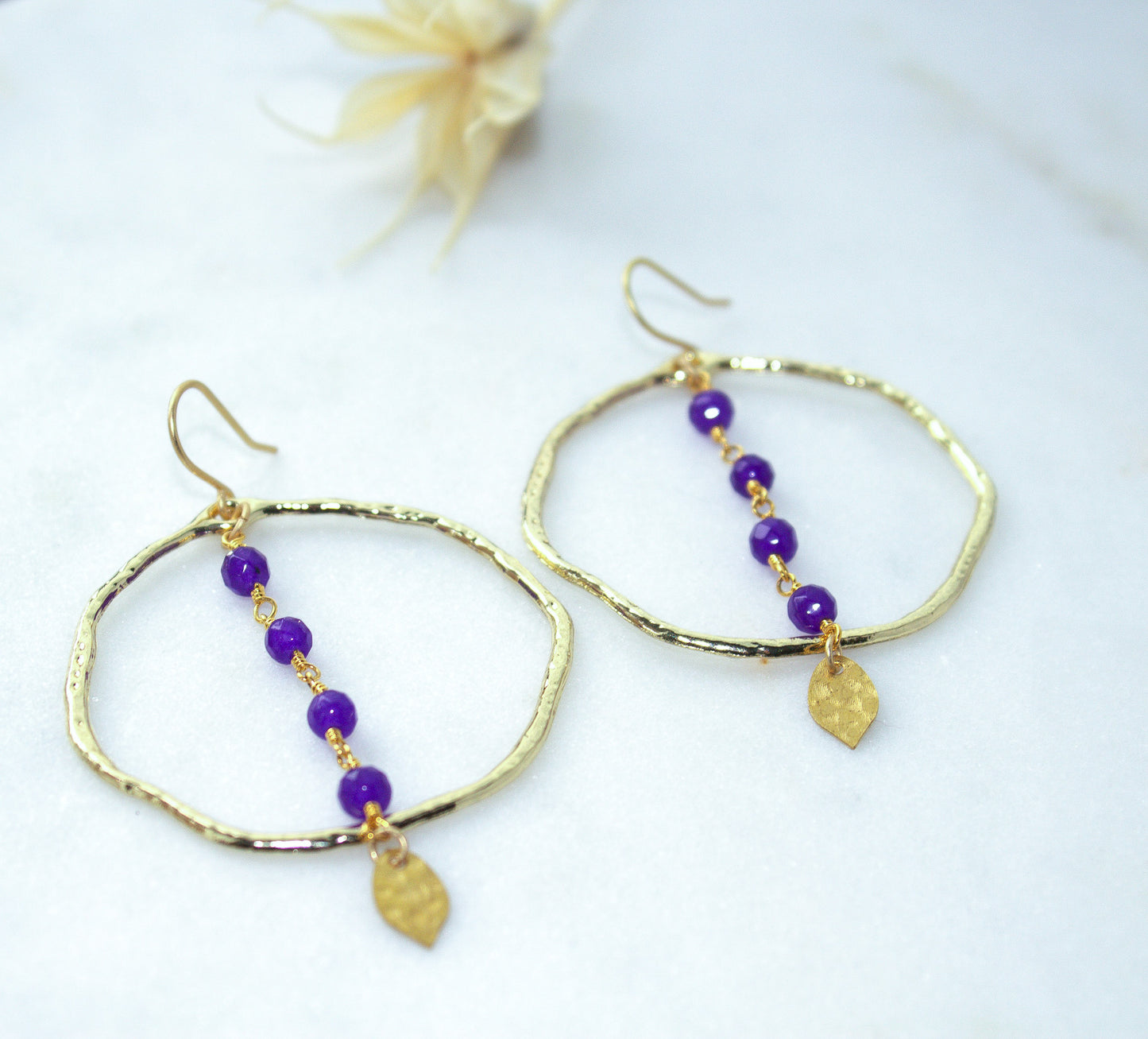Purple Jade Rosary Hoop Earrings