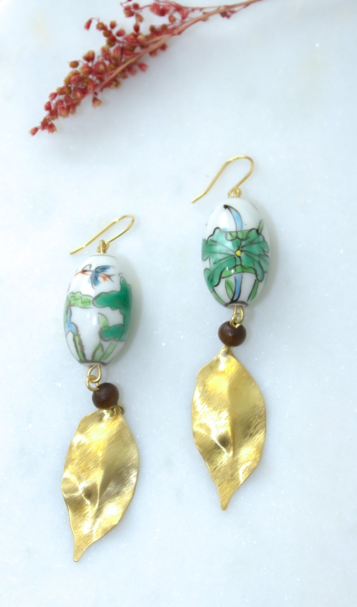 Vintage Porcelain Hand Painted Floral Bead Earrings with Brushed Brass Leaves