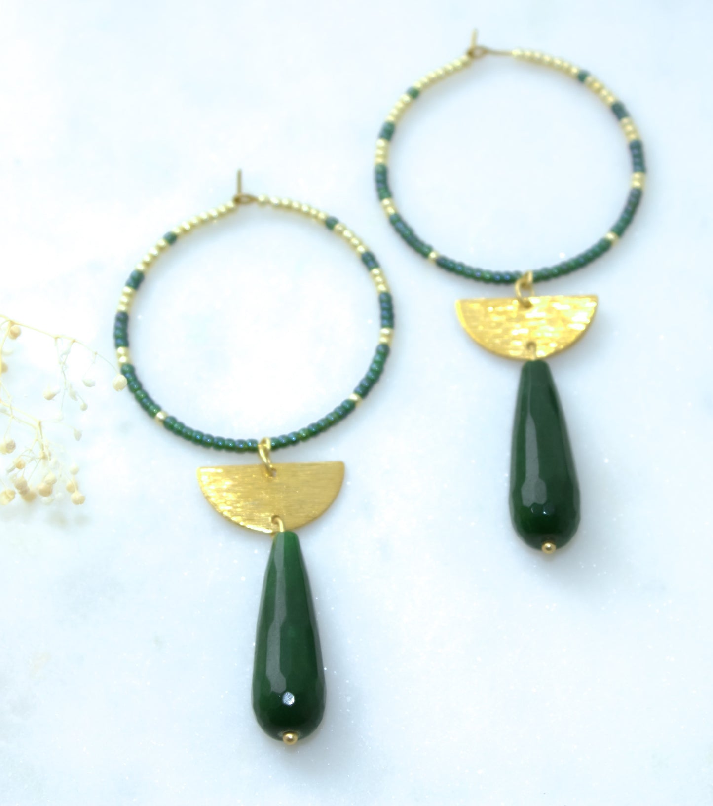 Jade Drop Hoops with Gold and Emerald Seed Beads