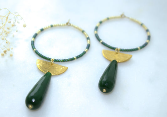 Jade Drop Hoops with Gold and Emerald Seed Beads
