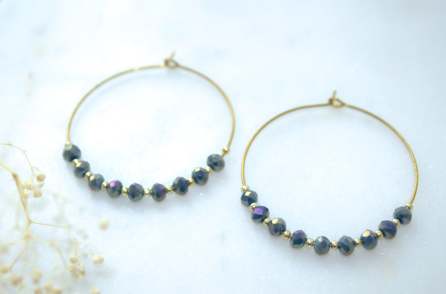 Simple Beaded Hoops in Gold and Iridescent Steel Blue