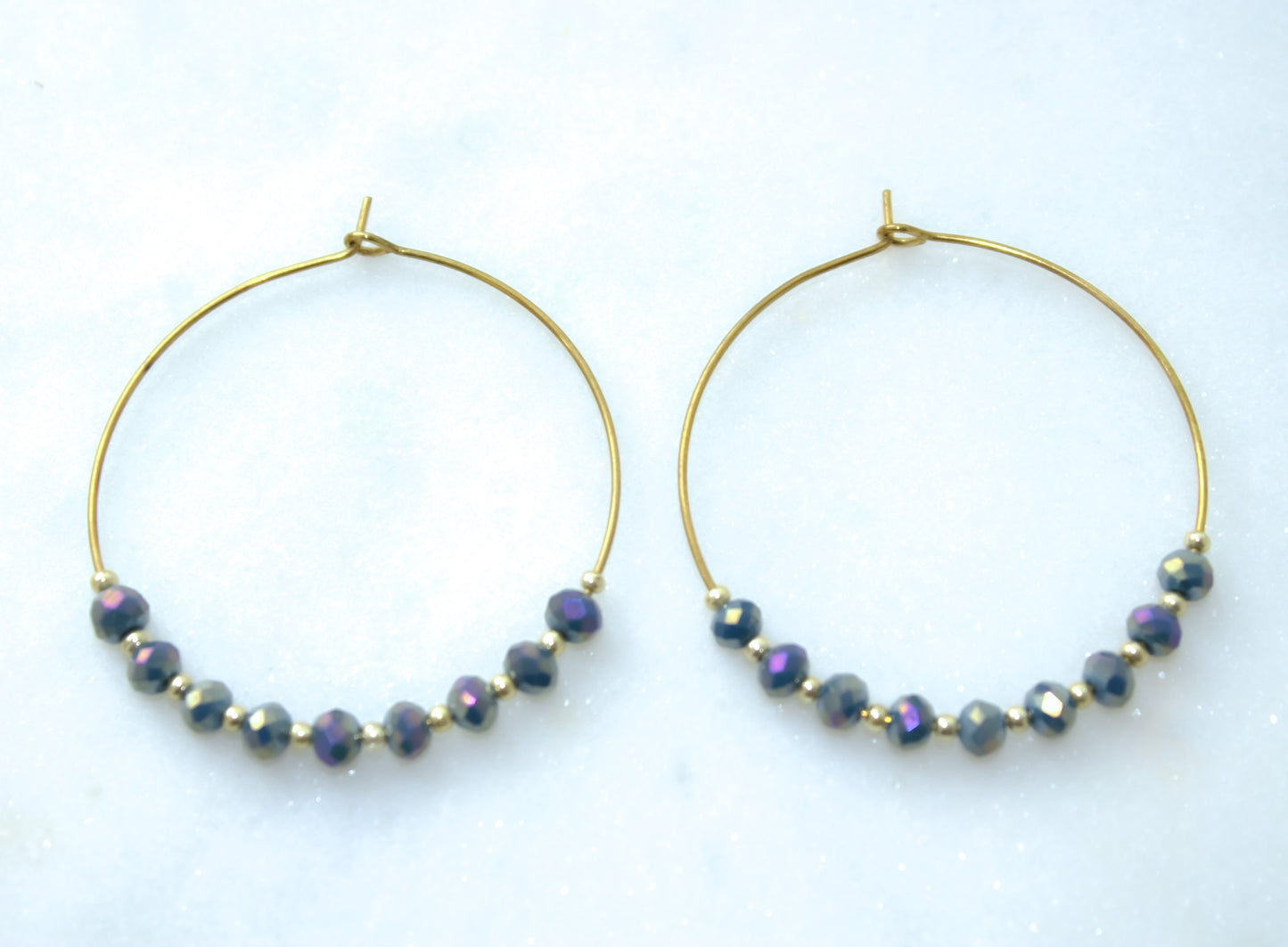 Simple Beaded Hoops in Gold and Iridescent Steel Blue