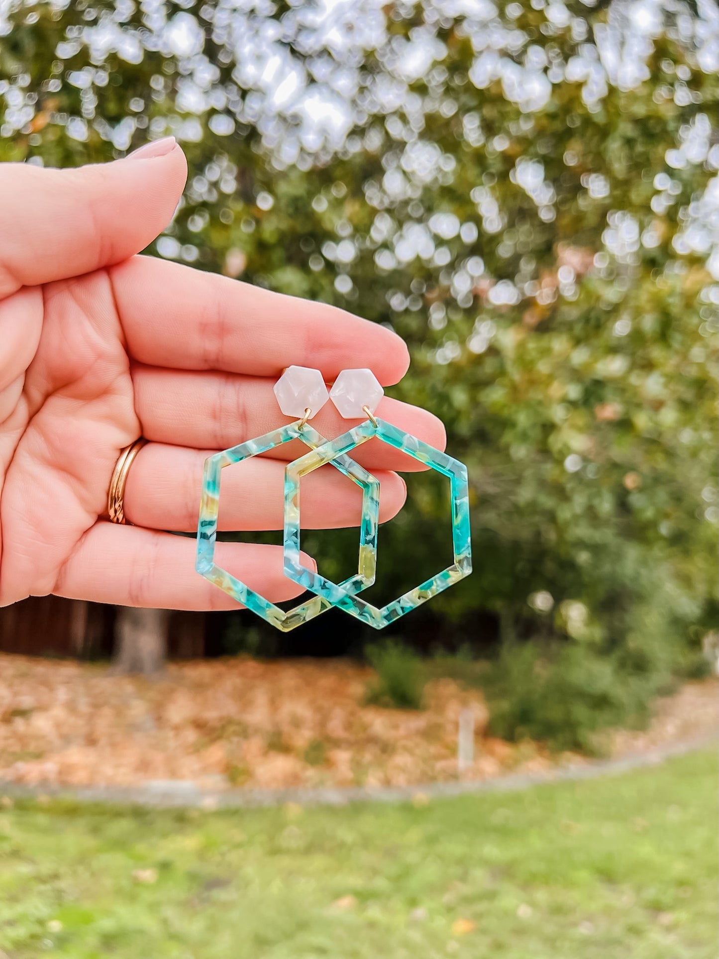 Lime + Teal Tortoise Hex Earrings