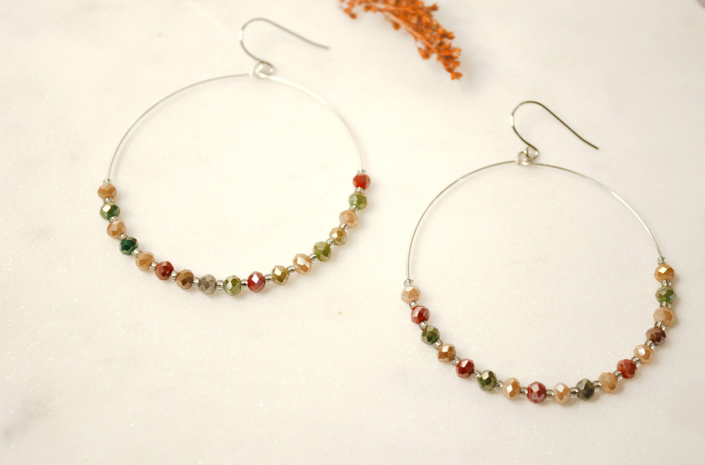Large Silver Hoops with Faceted Multi Glass Beads