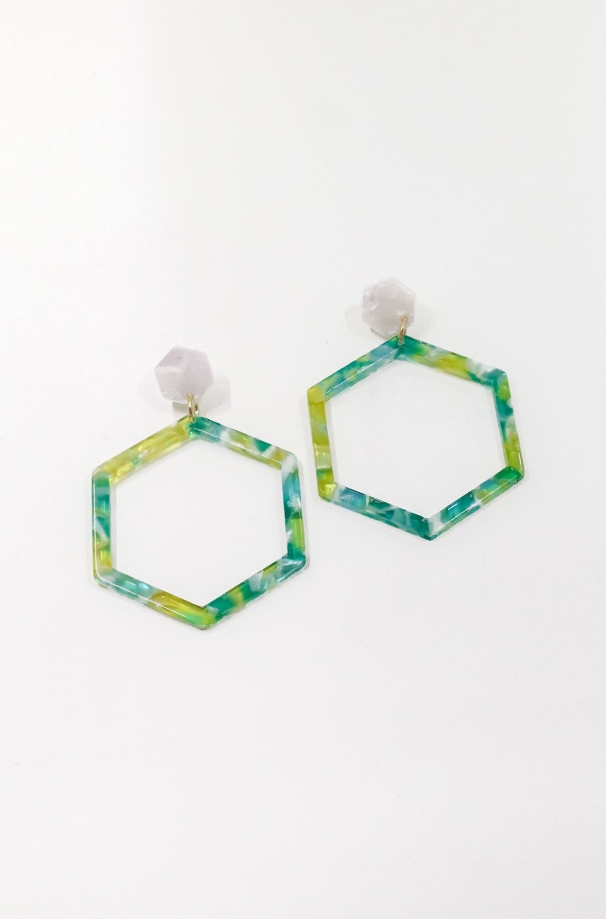 Lime + Teal Tortoise Hex Earrings