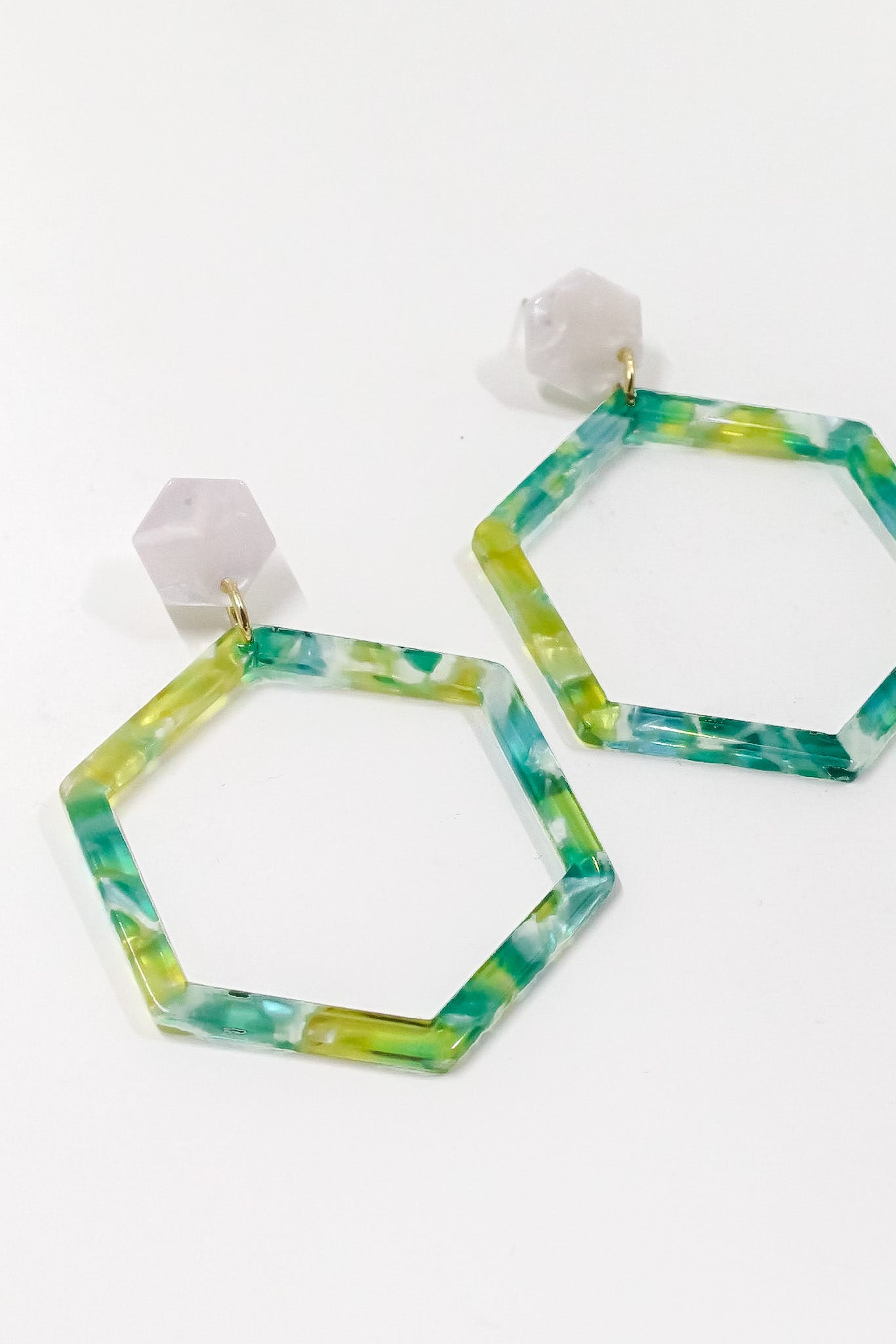 Lime + Teal Tortoise Hex Earrings