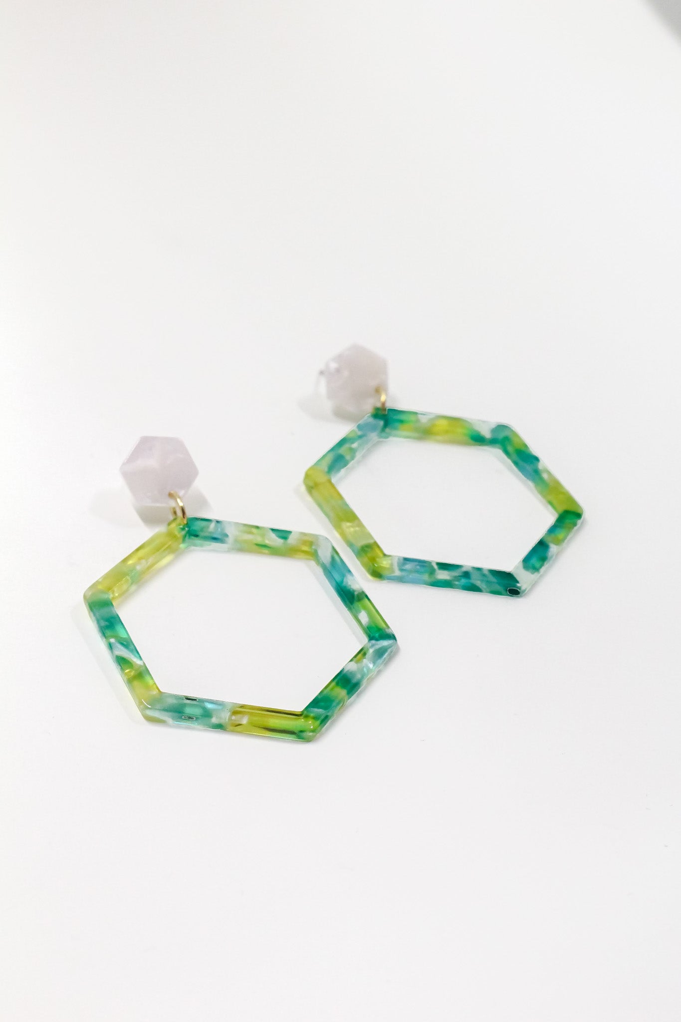 Lime + Teal Tortoise Hex Earrings