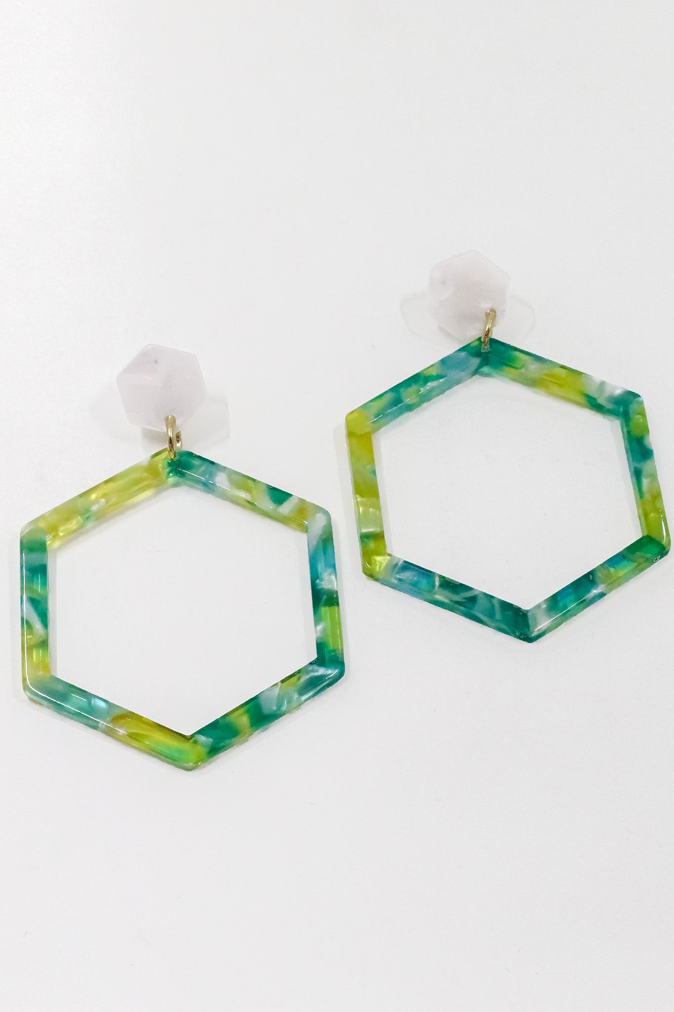 Lime + Teal Tortoise Hex Earrings