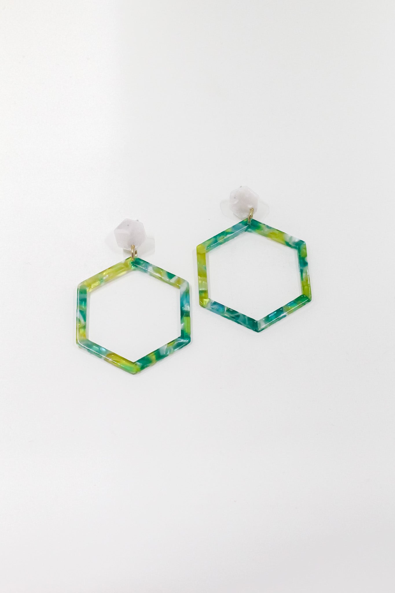 Lime + Teal Tortoise Hex Earrings