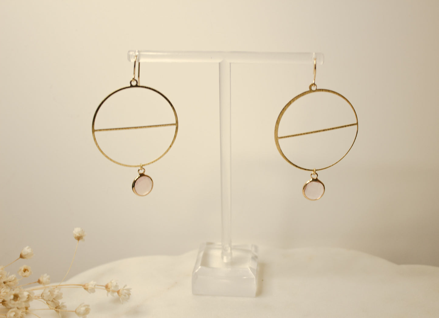 Modern Brass Hoops Earrings and Cloudy Rose Bead