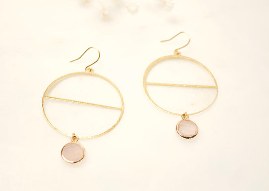 Modern Brass Hoops Earrings and Cloudy Rose Bead
