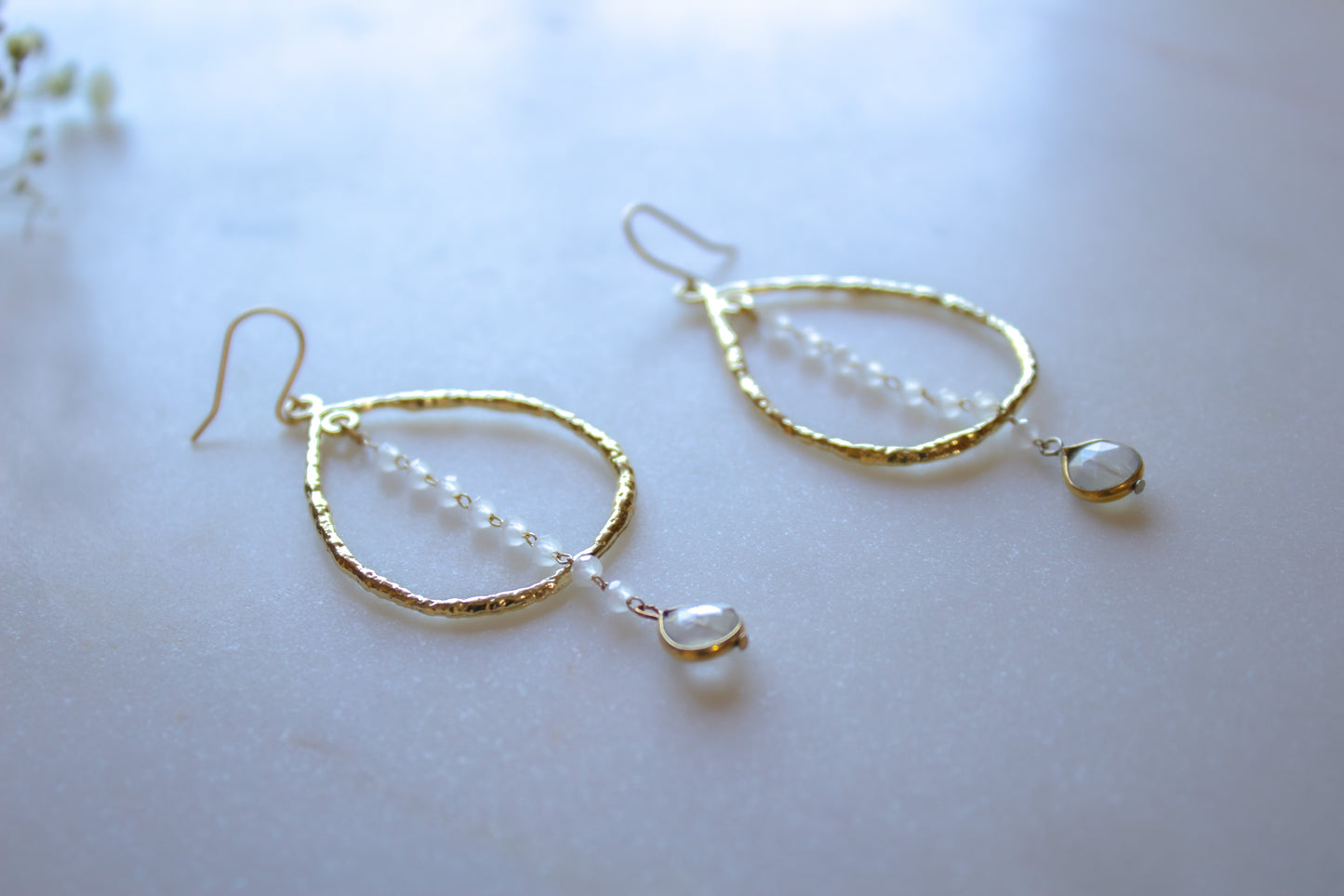 Moonstone Rosary Teardrop Hoop Earrings