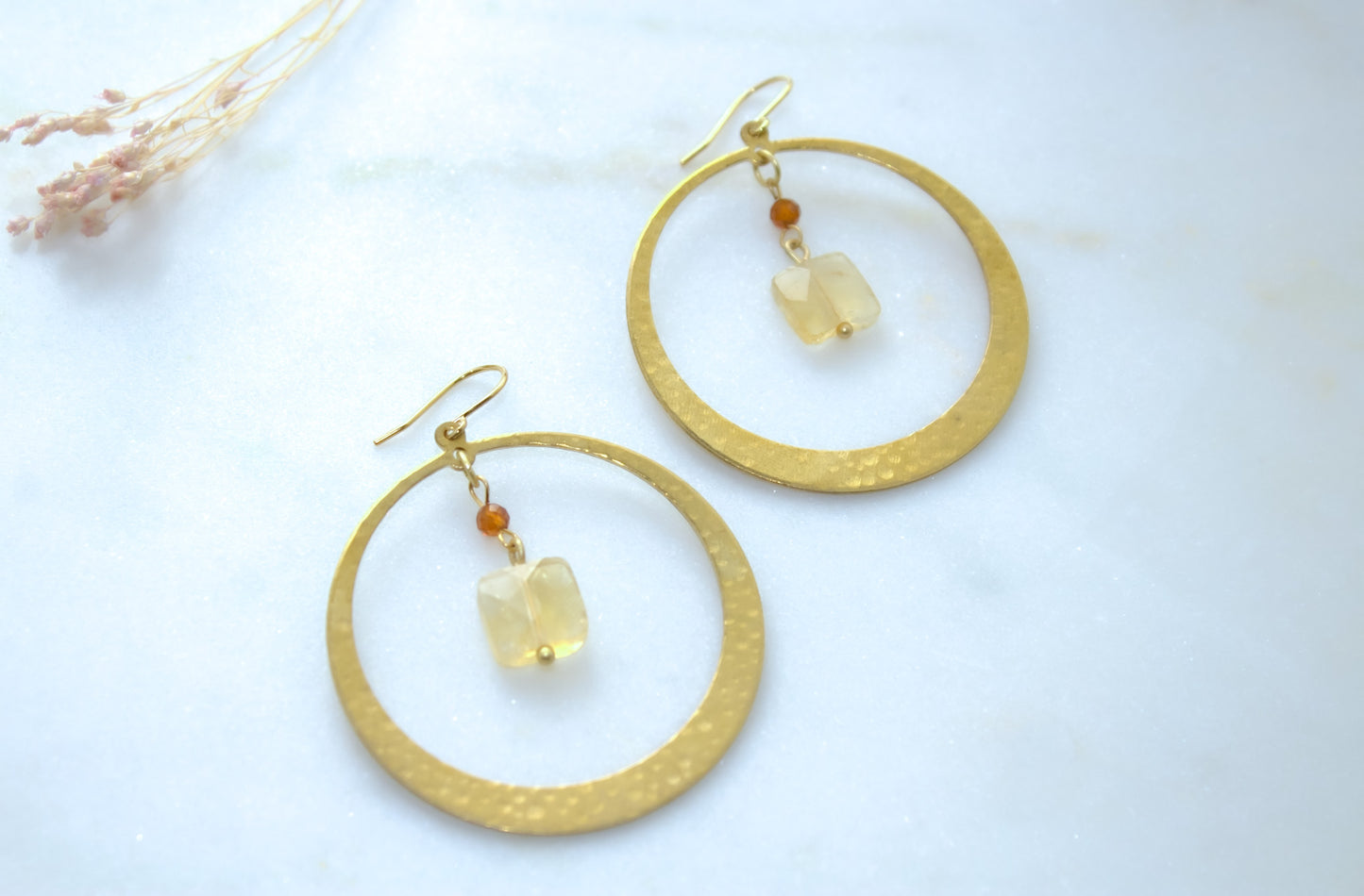 Faceted Pale Citrine + Hammered Brass Hoops