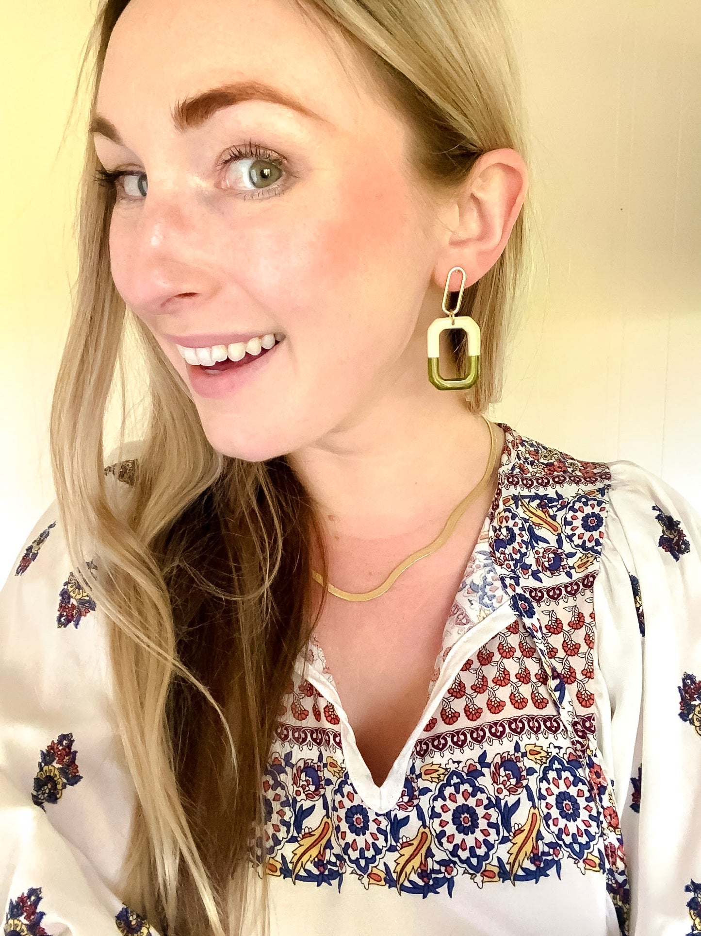 Two-Tone Double Rectangle Earrings in Green and Cream