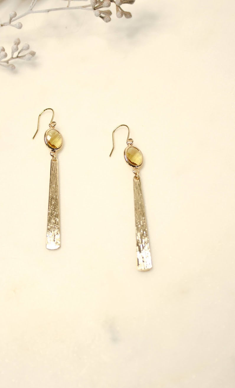 Yellow Oval Bead and Brass Bar Earrings