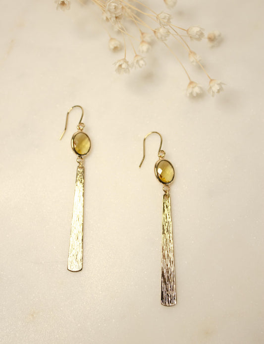 Yellow Oval Bead and Brass Bar Earrings