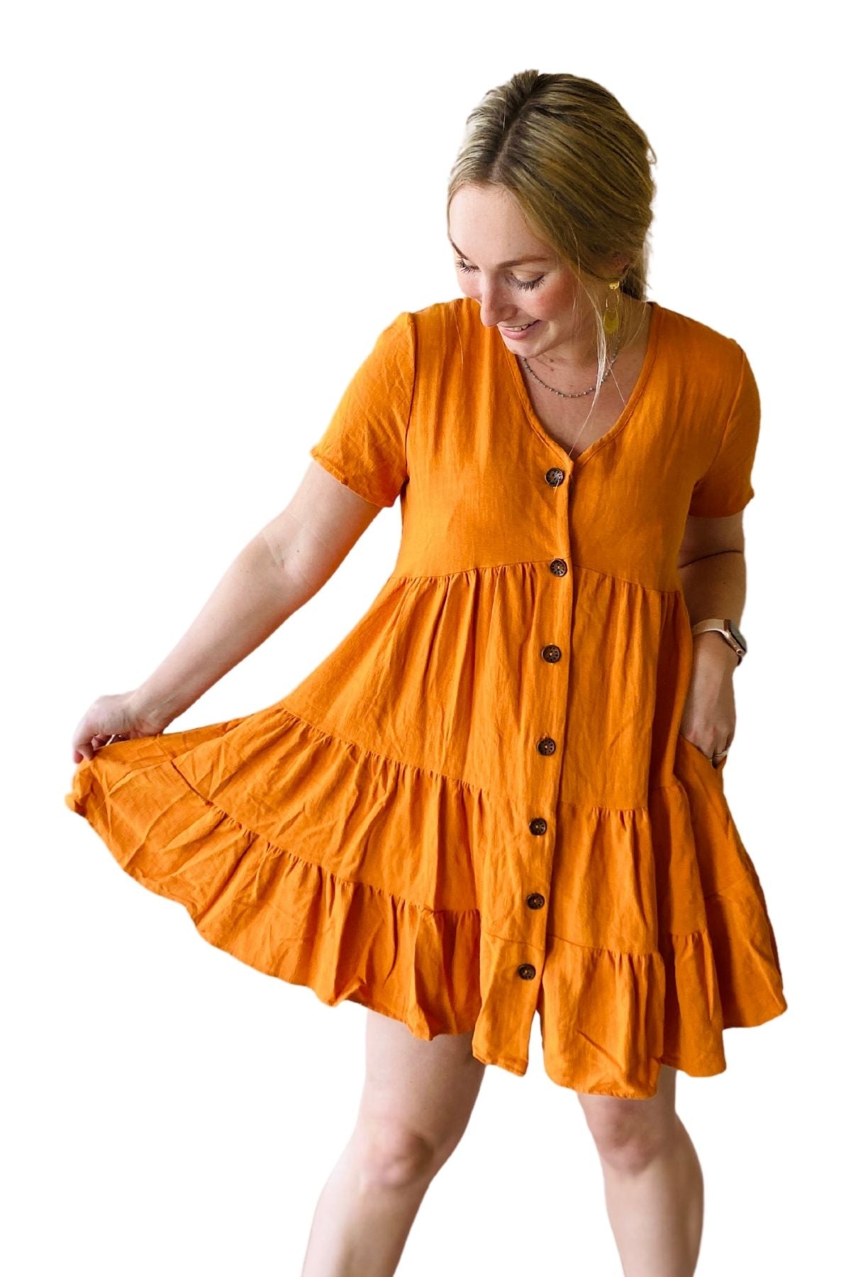 Tiered Button Up Tunic Dress in Pumpkin