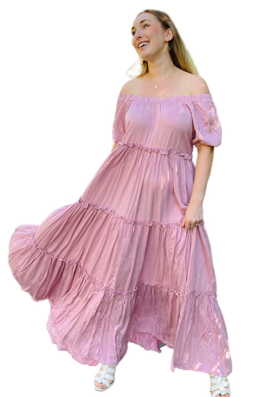 (S) Off the Shoulder Tiered Maxi Dress in Mauve