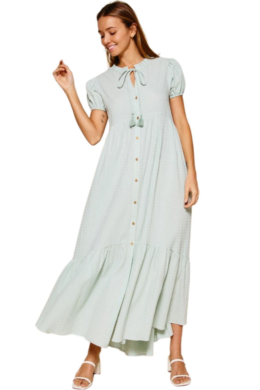 Checked Button Down Maxi Dress with Puff Sleeves in Sage