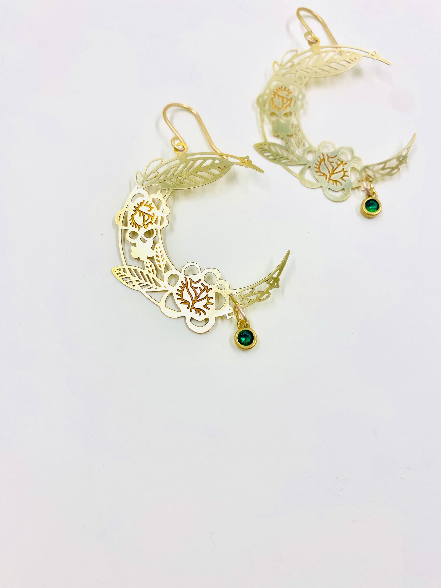 Brass Floral Moon Earrings in Emerald Green