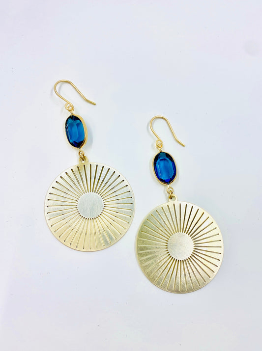 Brass Sun Medallion Earrings in Cobalt Blue